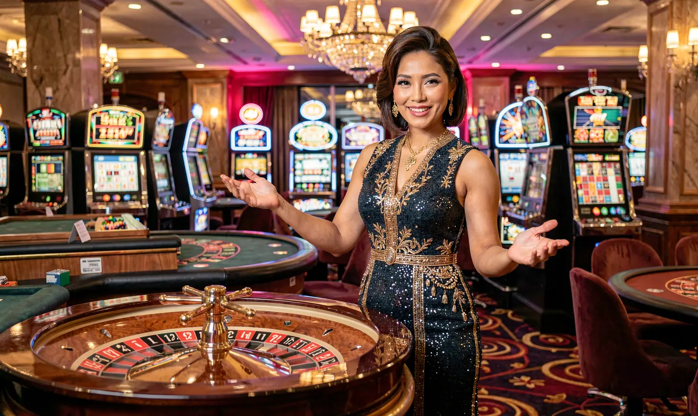 RKGG – Discover premium live casino games for players in Indonesia Elegant live casino hostess presenting a roulette table in a luxury studio with warm lighting highlighting the premium live gaming experience at RKGG for Indonesian players