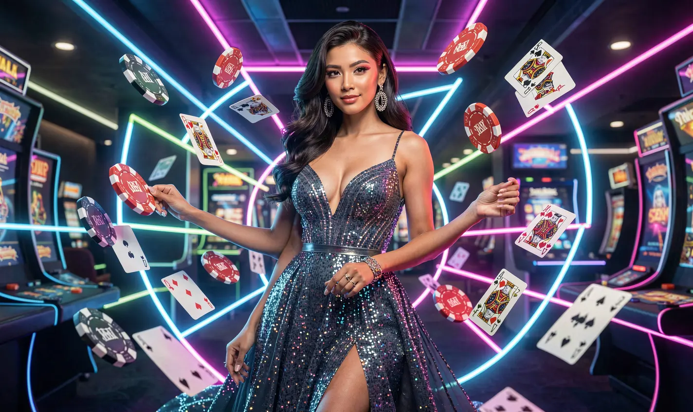 Hostes kasino glamor dikelilingi chip yang beterbangan dan roda roulette bercahaya yang menampilkan suasana mewah kasino RKGG untuk pemain Indonesia RKGG – Bergabunglah dengan komunitas kasino yang seru dengan aksi tanpa henti di Indonesia
