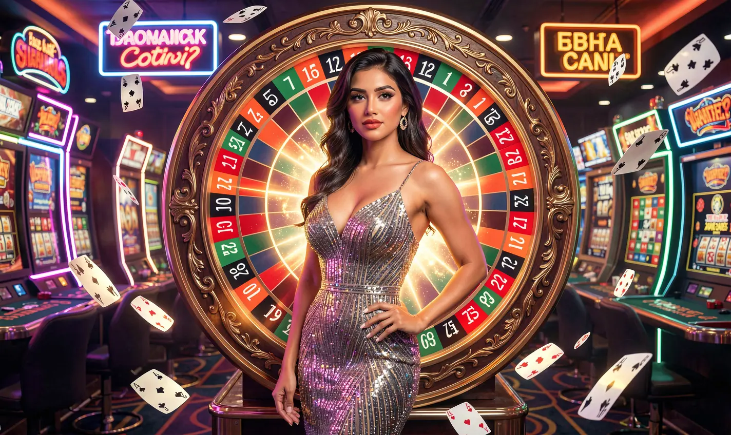 Hostes kasino percaya diri dalam gaun berkilau berdiri di depan roda roulette bercahaya dengan chip yang beterbangan melambangkan permainan berenergi tinggi di RKGG Indonesia RKGG – Masuki pengalaman kasino online premium untuk pemain di Indonesia